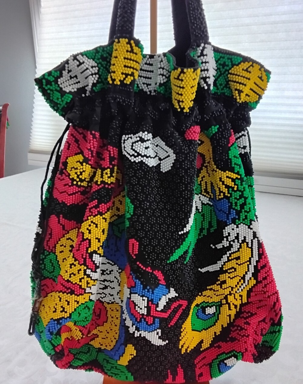 Vendora Hand-Beaded Drawstring Tote with Multicolor Embroidery Dragon & Phoenix - Picture 2 of 6